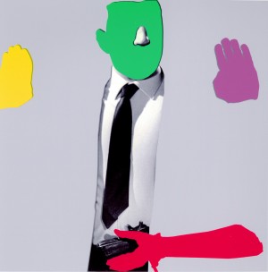John Baldessari - Noses & Ears, Etc. (Part Two): (Green) Face with Nose, (Yellow and Violet) Hands, (Red) Arm and Pistol (with Tie), 2006