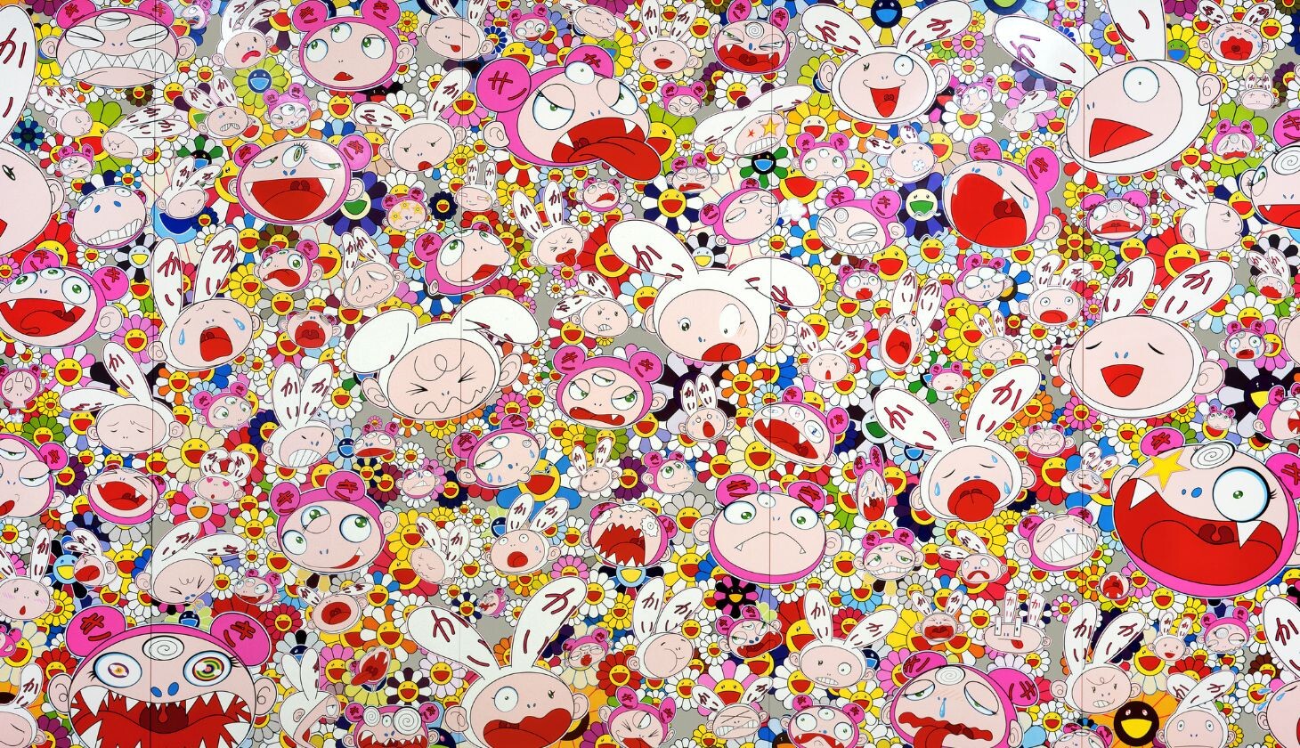 Artwork photo of Takashi Murakami's Hustle'N'Punch By Kaikai And Kiki, featuring a bright, full colored canvas with multiple cartoon-like characters and symbols