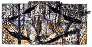 Julian Schnabel - The Walk Home, 1985, oil, plates, copper, bronze, fiberglass and Bondo on six wood panels