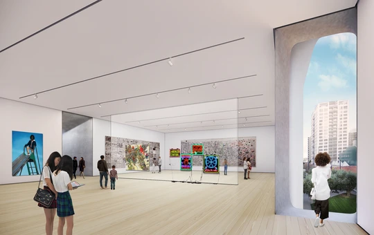 Rendered image of an interior art gallery