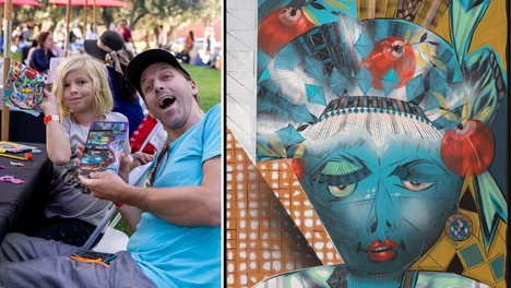 Collage of two photos: photo on the left is of a father and child participating in a former family weekend workshop; photo on the right is a Lari Pittman artwork featuring a blue human figure with flowers and patterns around it