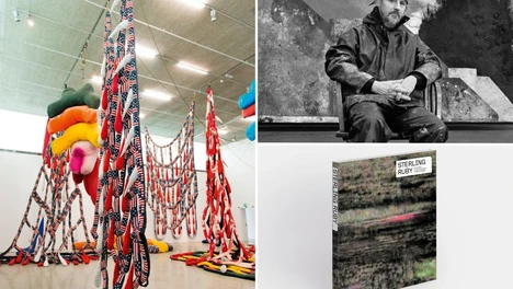 Collage of three photos: one of a "soft sculpture" artwork by Sterling Ruby, another is a portrait of Sterling Ruby sitting down in front of his artwork, and the last is a shot of the cover of his monograph